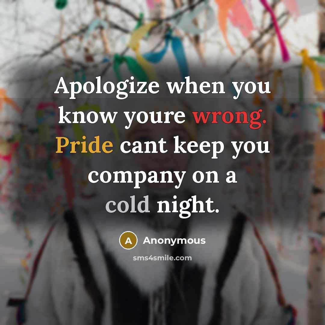 “Apologize when you know youre wrong. Pride cant keep you company on a cold night.” quote by Anonymous