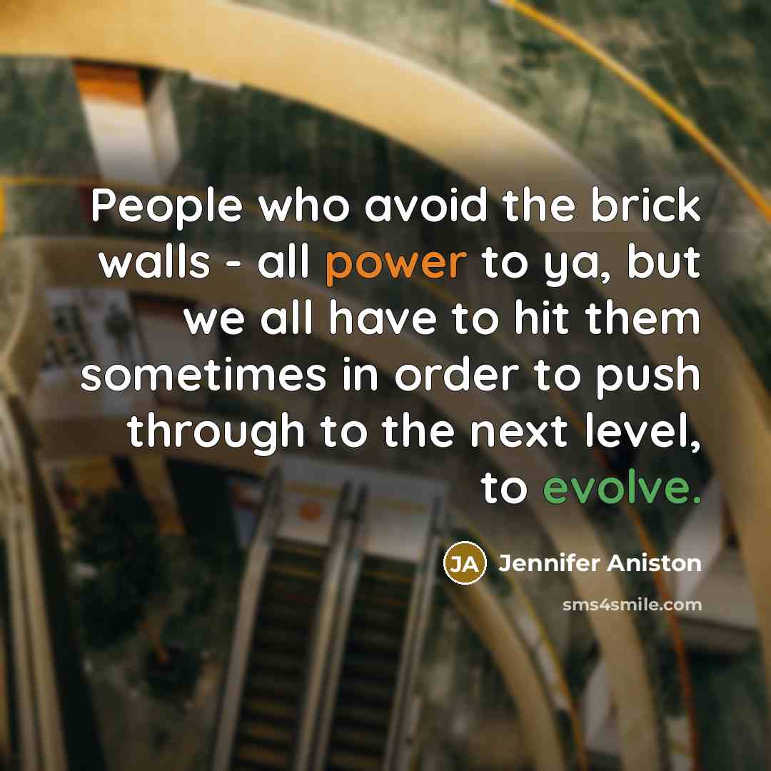 “People who avoid the brick walls - all power to ya, but we all have to hit them sometimes in order to push through to the next level, to evolve.” quote by Jennifer Aniston