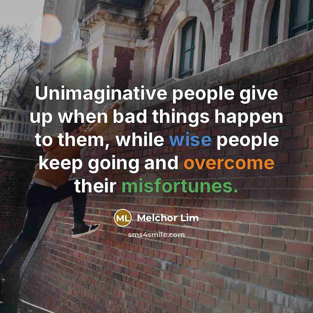 “Unimaginative people give up when bad things happen to them, while wise people keep going and overcome their misfortunes.” quote by Melchor Lim