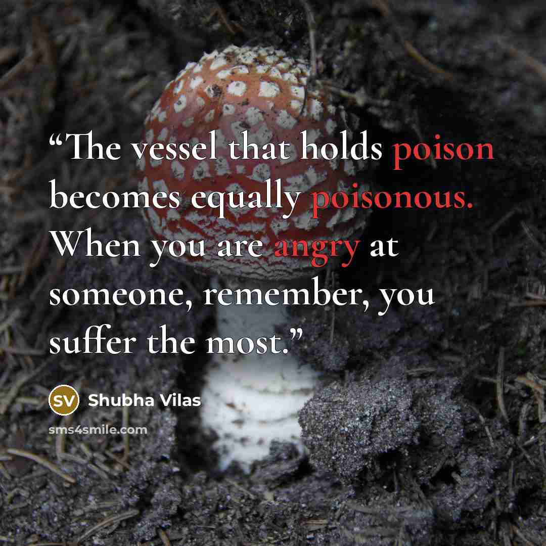 “The vessel that holds poison becomes equally poisonous. When you are angry at someone, remember, you suffer the most.” quote by Shubha Vilas