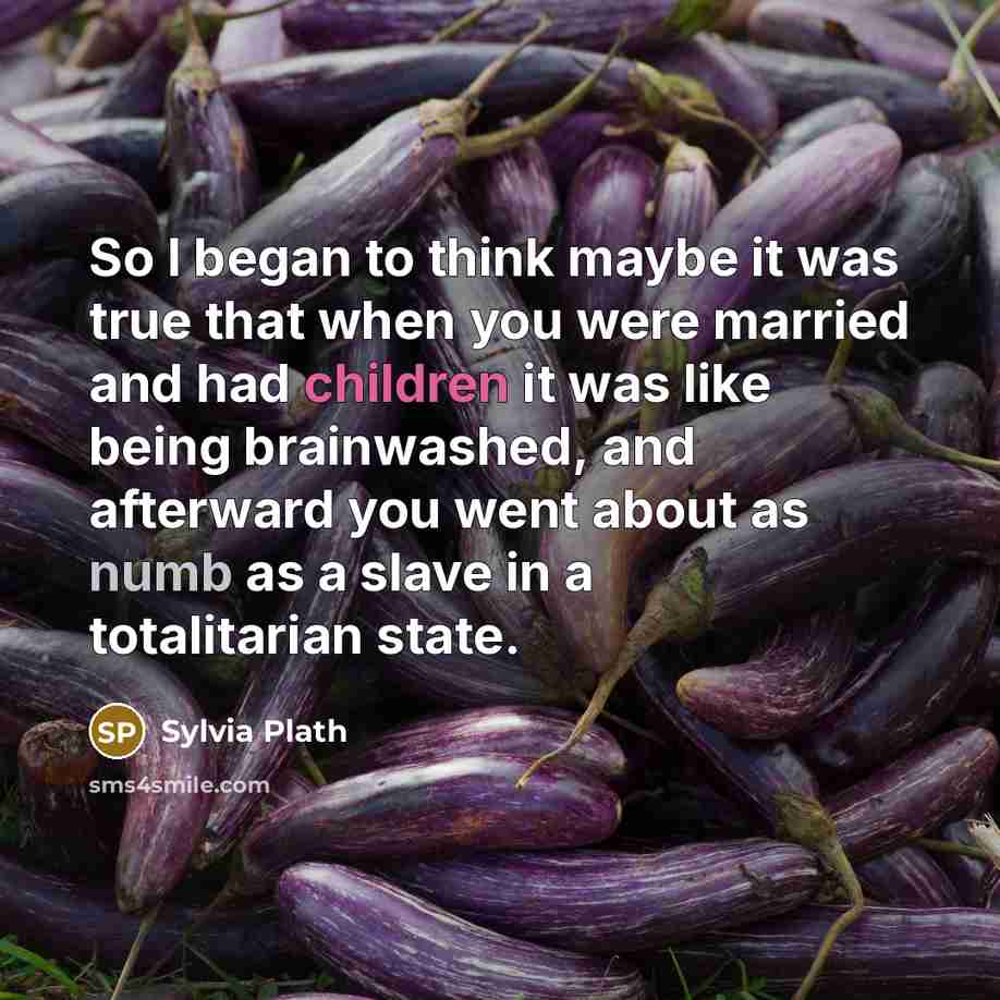 “So I began to think maybe it was true that when you were married and had children it was like being brainwashed, and afterward you went about as numb as a slave in a totalitarian state.” quote by Sylvia Plath