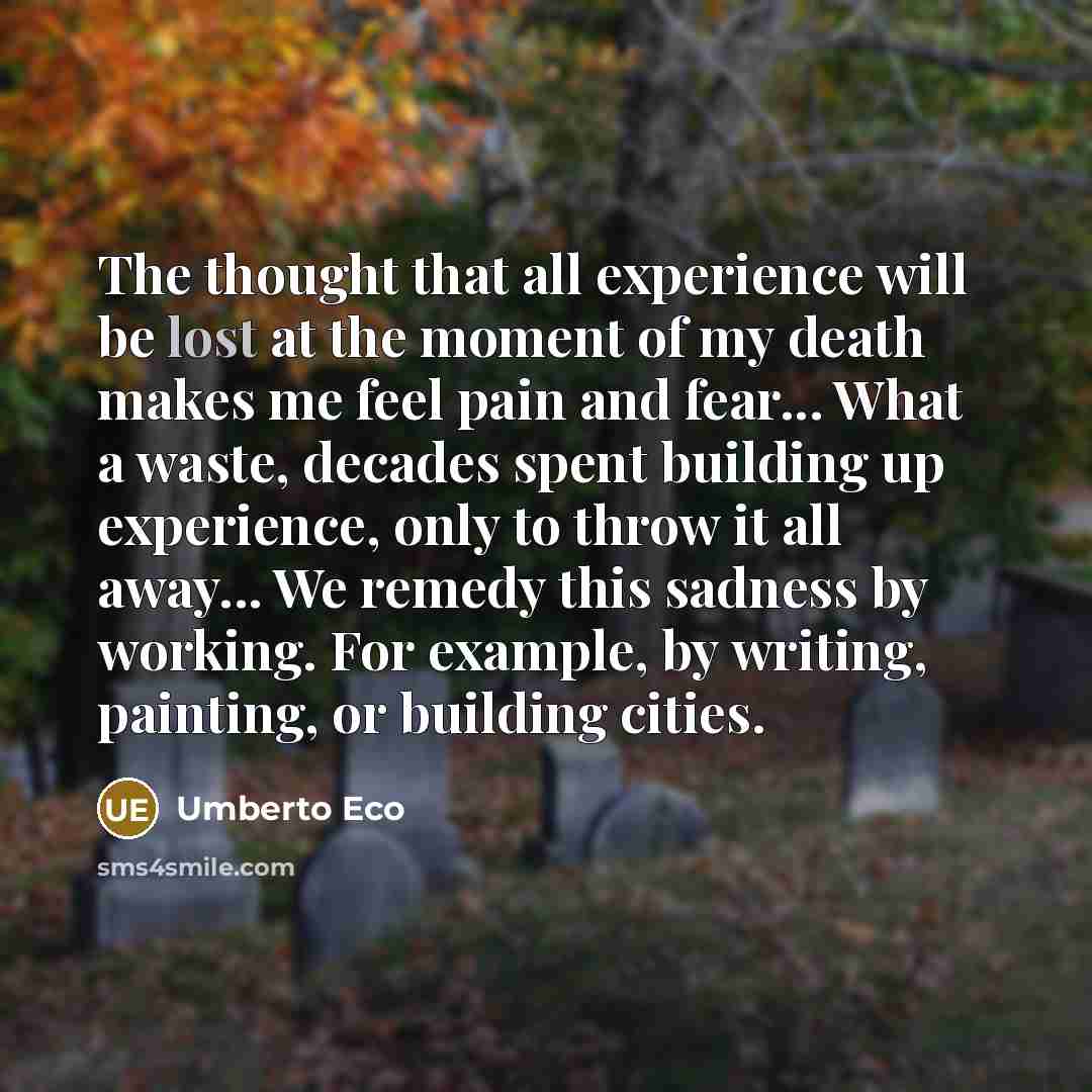 “The thought that all experience will be lost at the moment of my death makes me feel pain and fear... What a waste, decades spent building up experience, only to throw it all away... We remedy this sadness by working. For example, by writing, painting, or building cities.” quote by Umberto Eco