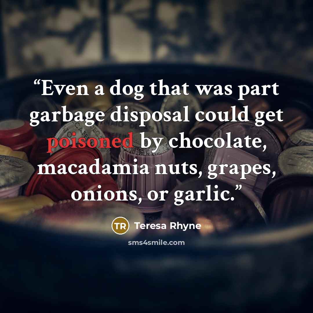 “Even a dog that was part garbage disposal could get poisoned by chocolate, macadamia nuts, grapes, onions, or garlic.” quote by Teresa Rhyne