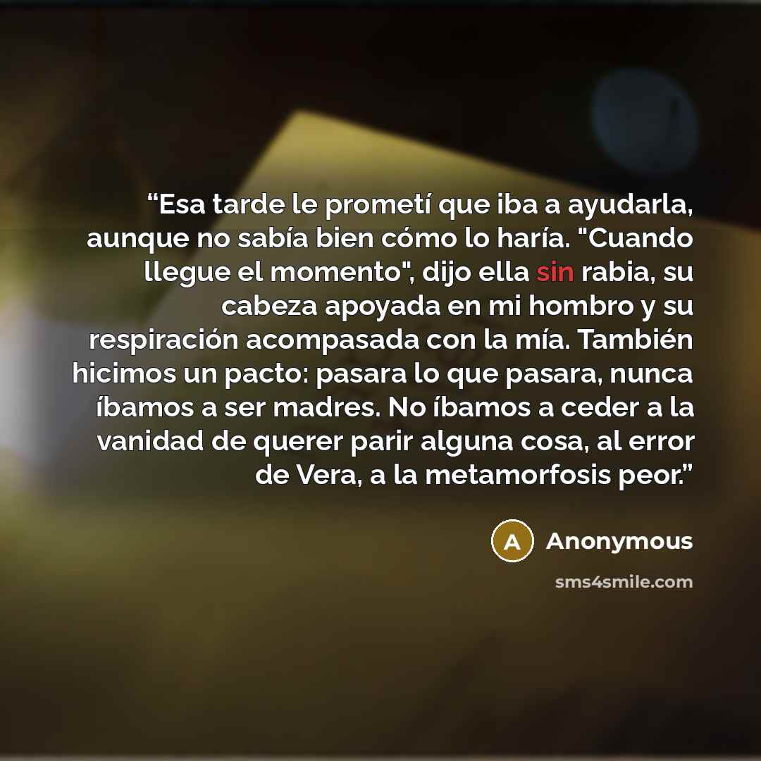“Esa tarde le prometí que iba a ayudarla, aunque no sabía bien cómo lo haría. "Cuando llegue el momento", dijo ella sin rabia, su cabeza apoyada en mi hombro y su respiración acompasada con la mía. También hicimos un pacto: pasara lo que pasara, nunca íbamos a ser madres. No íbamos a ceder a la…” quote by Anonymous