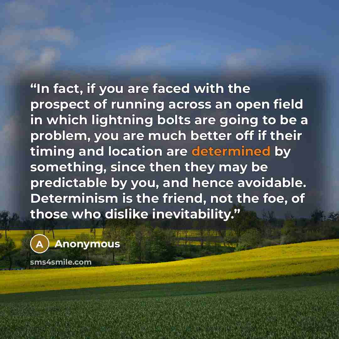 “In fact, if you are faced with the prospect of running across an open field in which lightning bolts are going to be a problem, you are much better off if their timing and location are determined by something, since then they may be predictable by you, and hence avoidable. Determinism is the…” quote by Anonymous