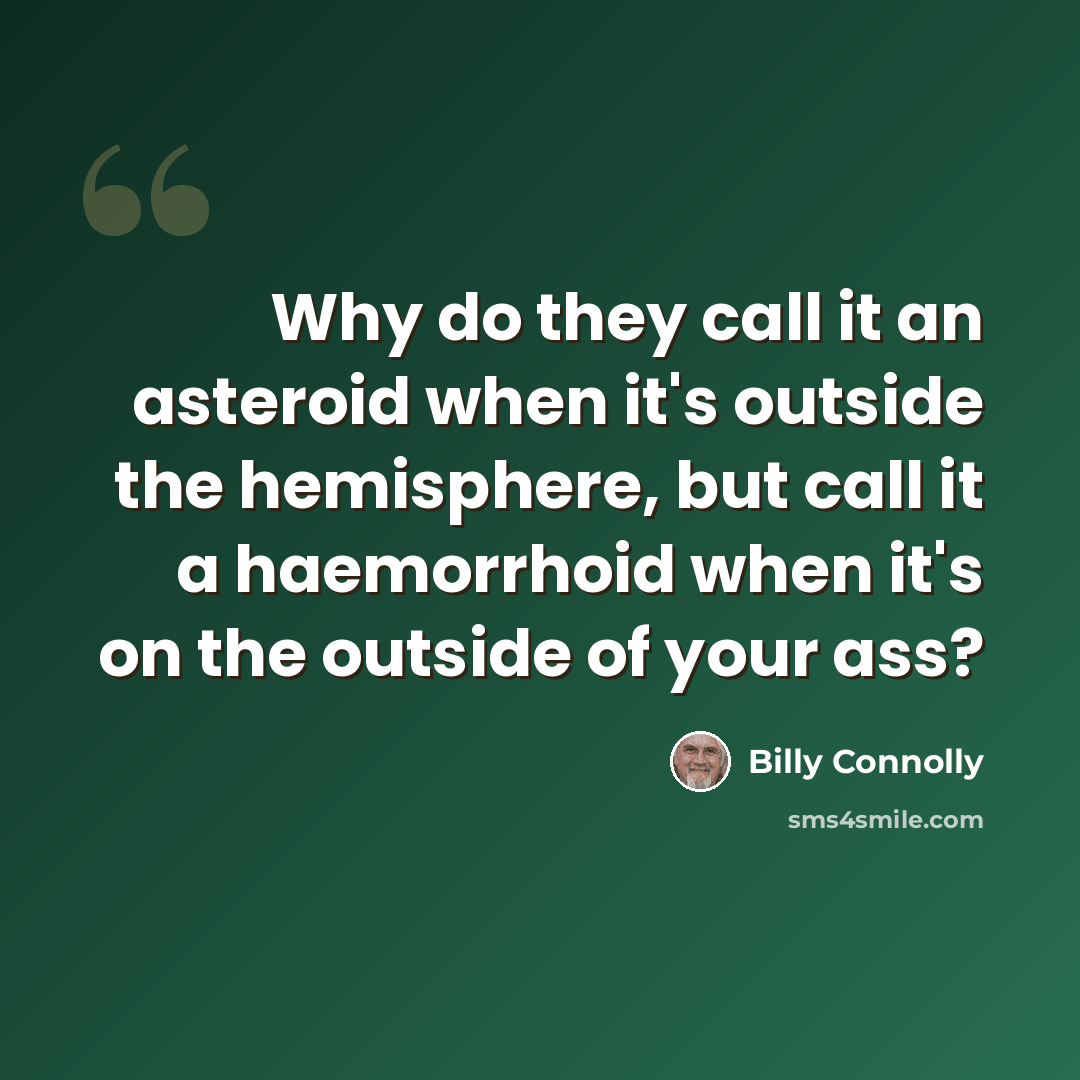 “Why do they call it an asteroid when it's outside the hemisphere, but call it a haemorrhoid when it's on the outside of your ass?” quote by Billy Connolly