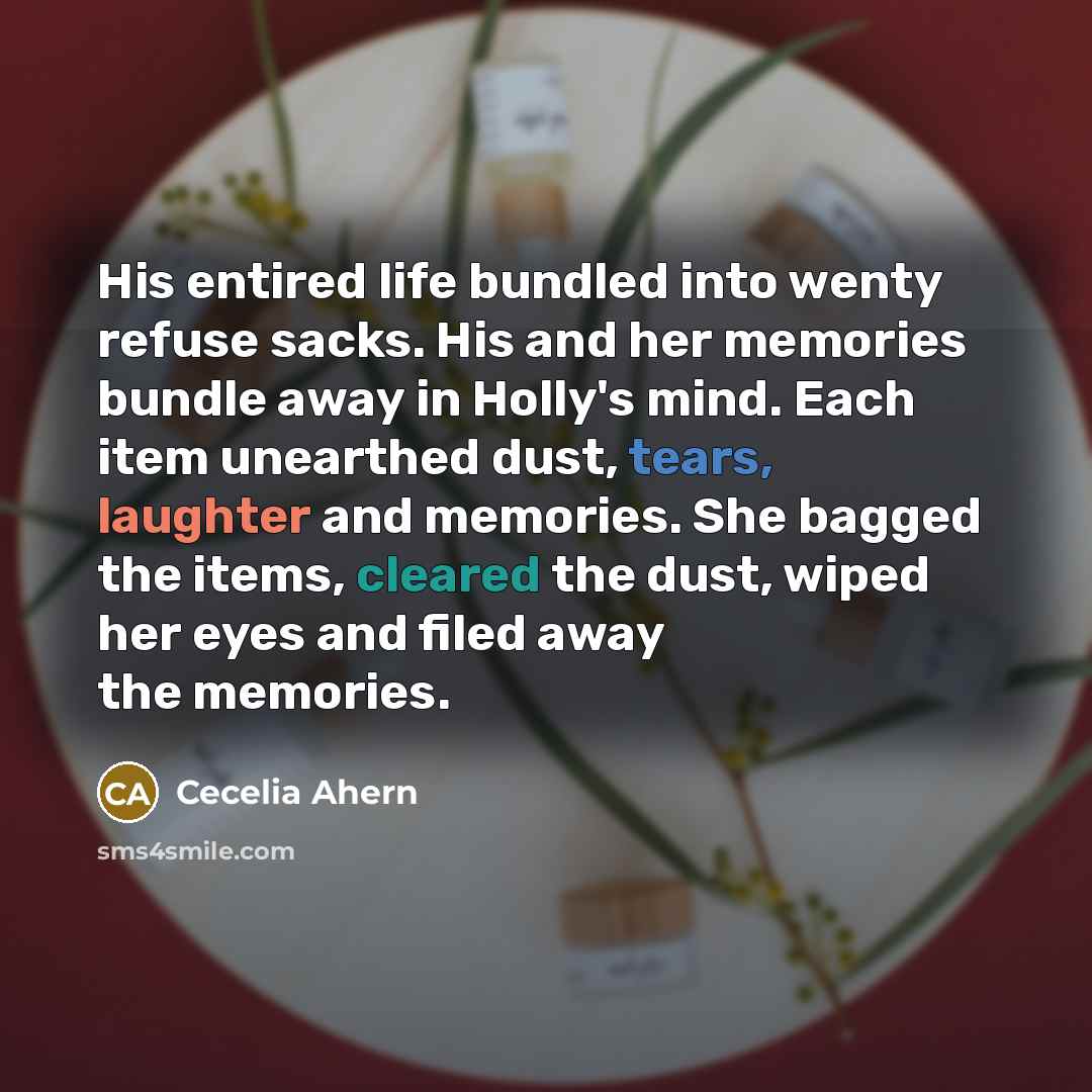 “His entired life bundled into wenty refuse sacks. His and her memories bundle away in Holly's mind. Each item unearthed dust, tears, laughter and memories. She bagged the items, cleared the dust, wiped her eyes and filed away the memories.” quote by Cecelia Ahern