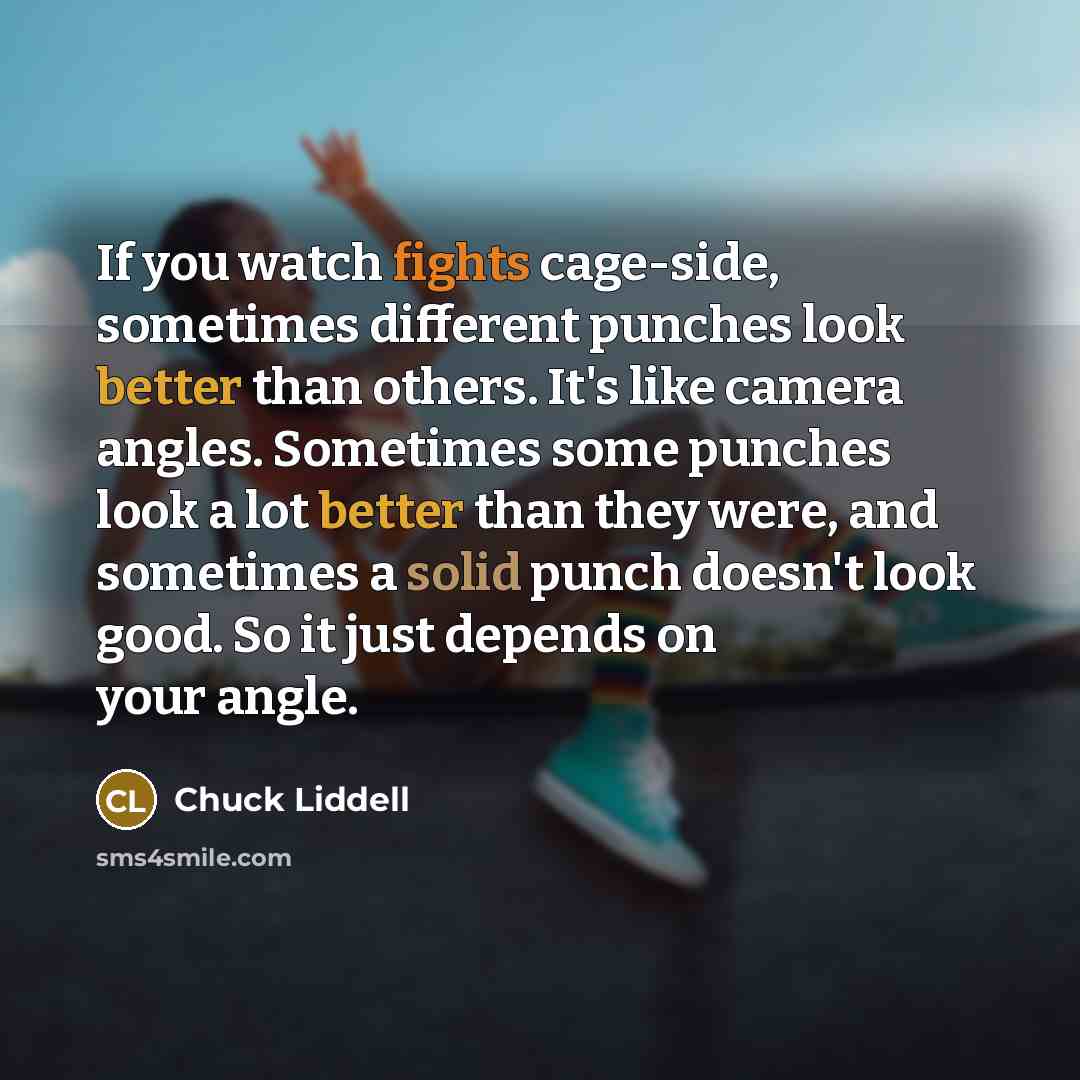 “If you watch fights cage-side, sometimes different punches look better than others. It's like camera angles. Sometimes some punches look a lot better than they were, and sometimes a solid punch doesn't look good. So it just depends on your angle.” quote by Chuck Liddell