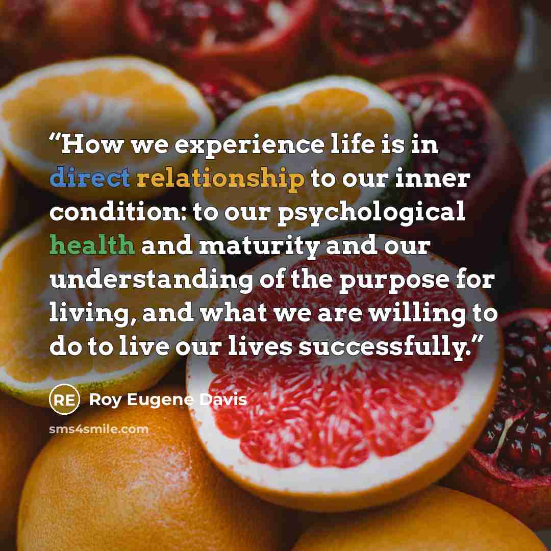 “How we experience life is in direct relationship to our inner condition: to our psychological health and maturity and our understanding of the purpose for living, and what we are willing to do to live our lives successfully.” quote by Roy Eugene Davis