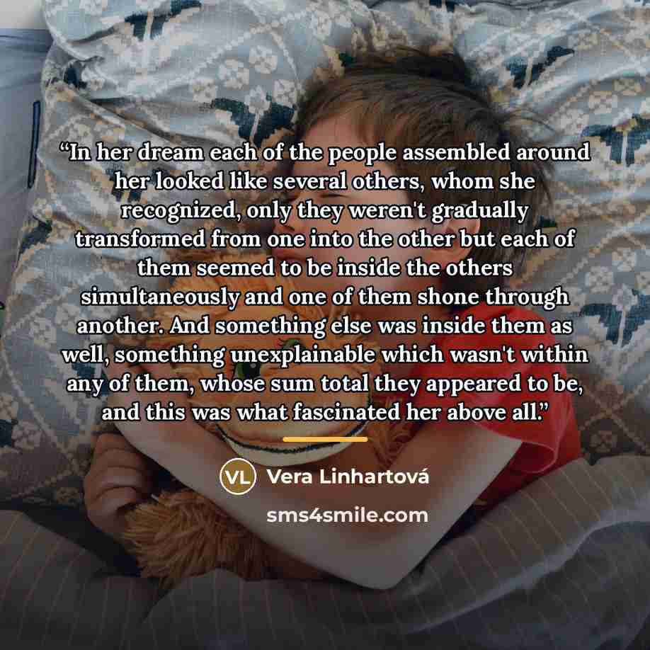 “In her dream each of the people assembled around her looked like several others, whom she recognized, only they weren't gradually transformed from one into the other but each of them seemed to be inside the others simultaneously and one of them shone through another. And something else was inside…” quote by Vera Linhartová