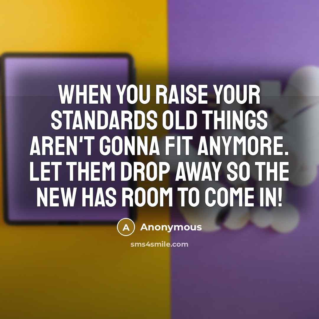 “When you raise your standards old things aren't gonna fit anymore. Let them drop away so the new has room to come in!” quote by Anonymous