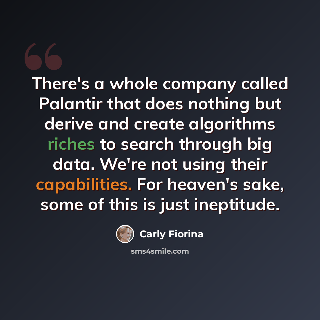 “There's a whole company called Palantir that does nothing but derive and create algorithms riches to search through big data. We're not using their capabilities. For heaven's sake, some of this is just ineptitude.” quote by Carly Fiorina
