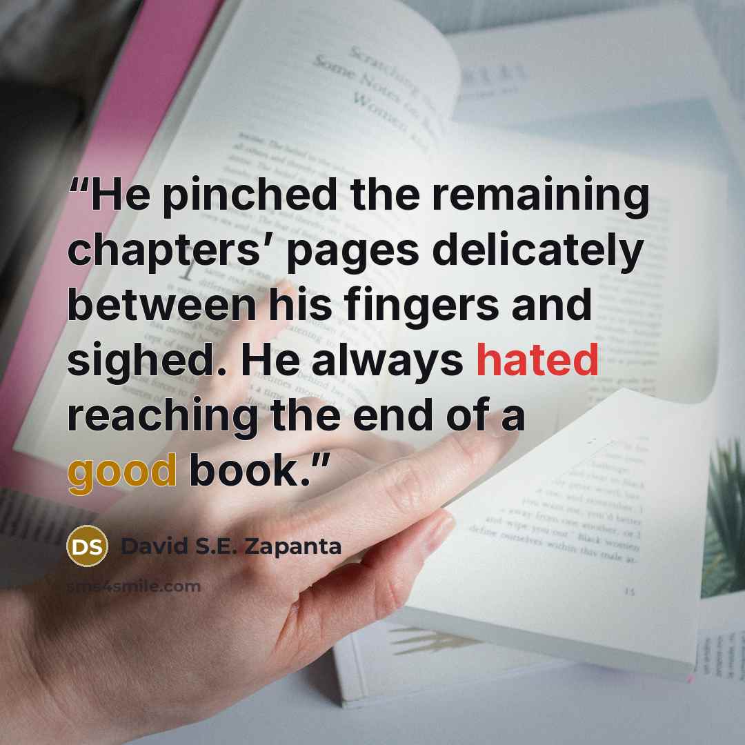 “He pinched the remaining chapters’ pages delicately between his fingers and sighed. He always hated reaching the end of a good book.” quote by David S.E. Zapanta