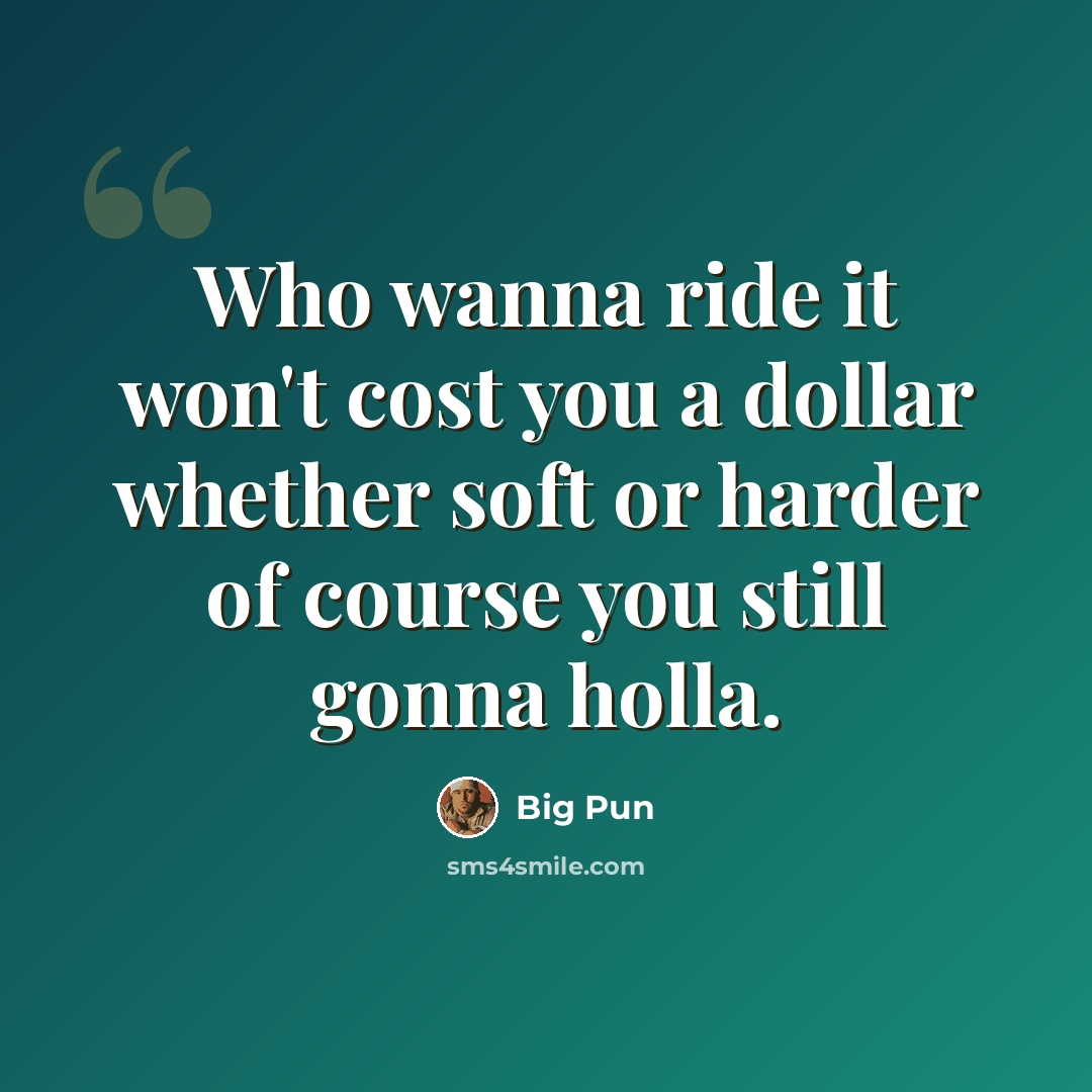 “Who wanna ride it won't cost you a dollar whether soft or harder of course you still gonna holla.” quote by Big Pun