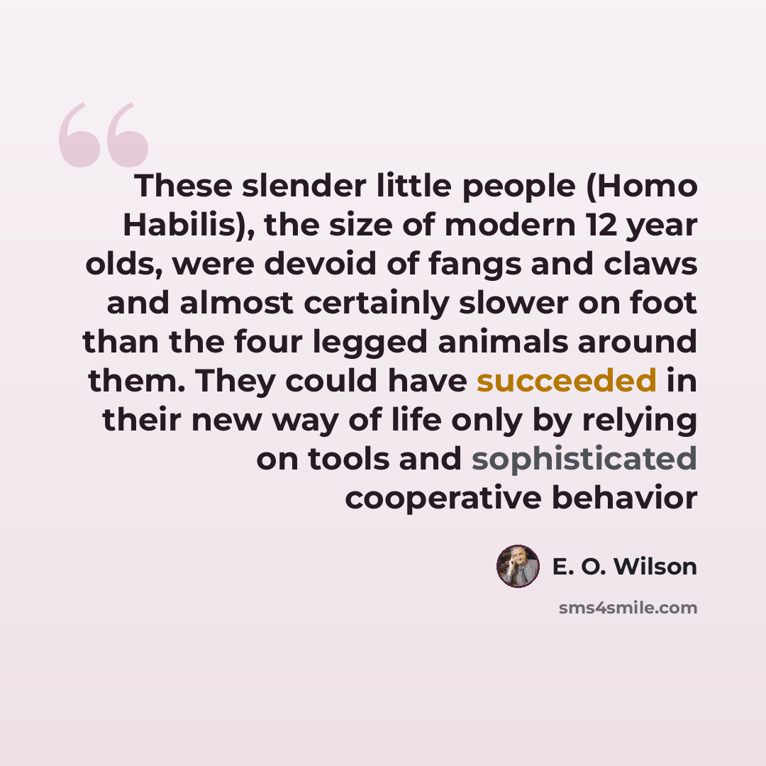 “These slender little people (Homo Habilis), the size of modern 12 year olds, were devoid of fangs and claws and almost certainly slower on foot than the four legged animals around them. They could have succeeded in their new way of life only by relying on tools and sophisticated cooperative behavior” quote by E. O. Wilson