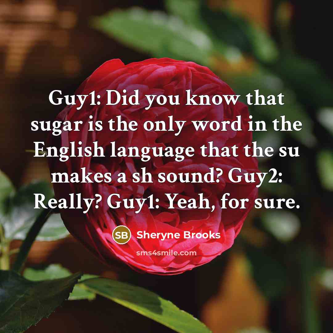 “Guy1: Did you know that sugar is the only word in the English language that the su makes a sh sound? Guy2: Really? Guy1: Yeah, for sure.” quote by Sheryne Brooks