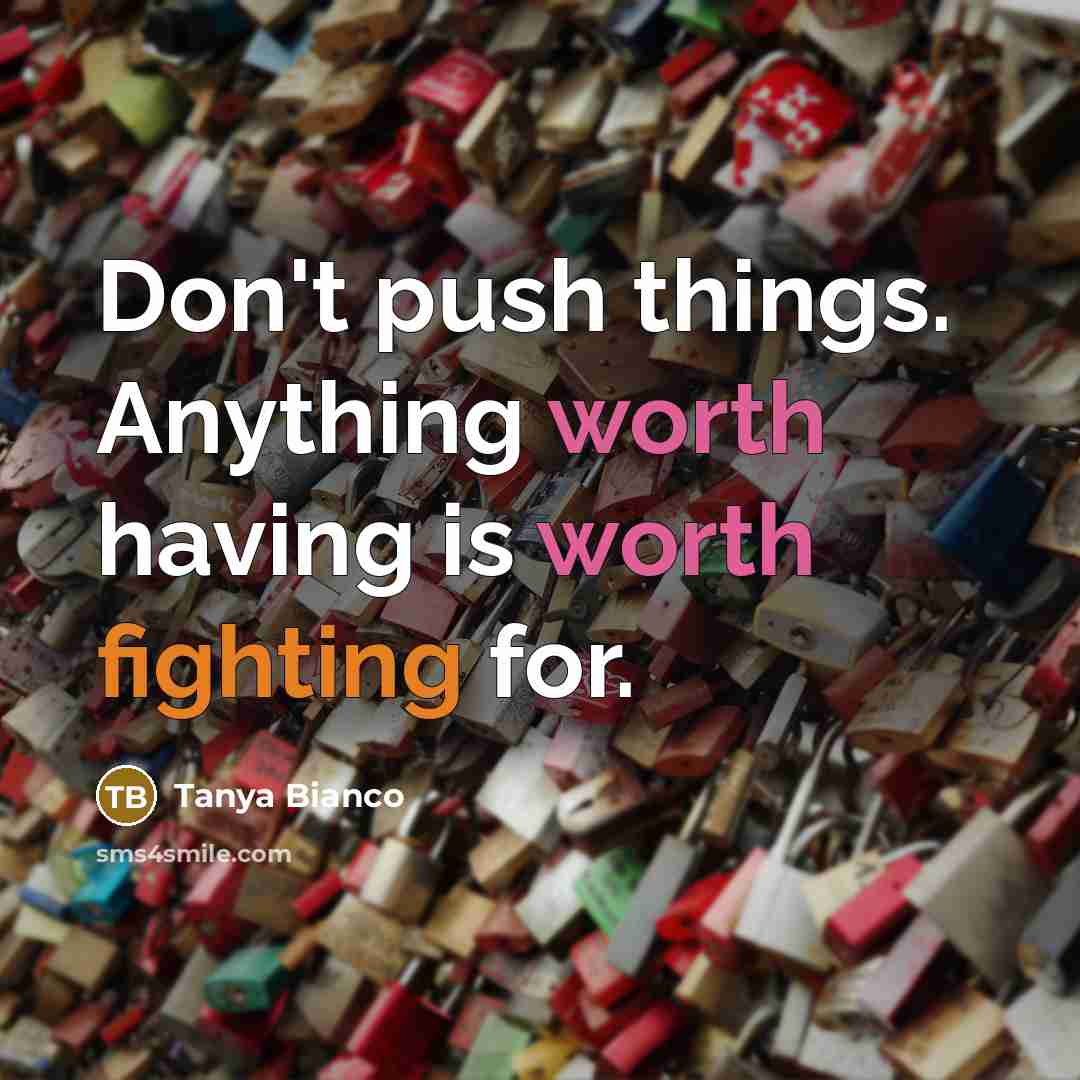 “Don't push things. Anything worth having is worth fighting for.” quote by Tanya Bianco