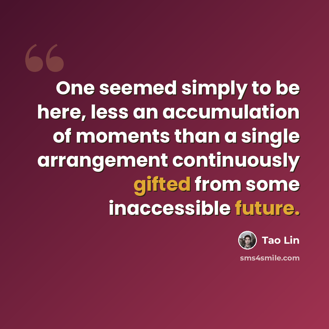 “One seemed simply to be here, less an accumulation of moments than a single arrangement continuously gifted from some inaccessible future.” quote by Tao Lin