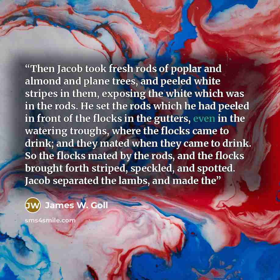 “Then Jacob took fresh rods of poplar and almond and plane trees, and peeled white stripes in them, exposing the white which was in the rods. He set the rods which he had peeled in front of the flocks in the gutters, even in the watering troughs, where the flocks came to drink; and they mated when…” quote by James W. Goll