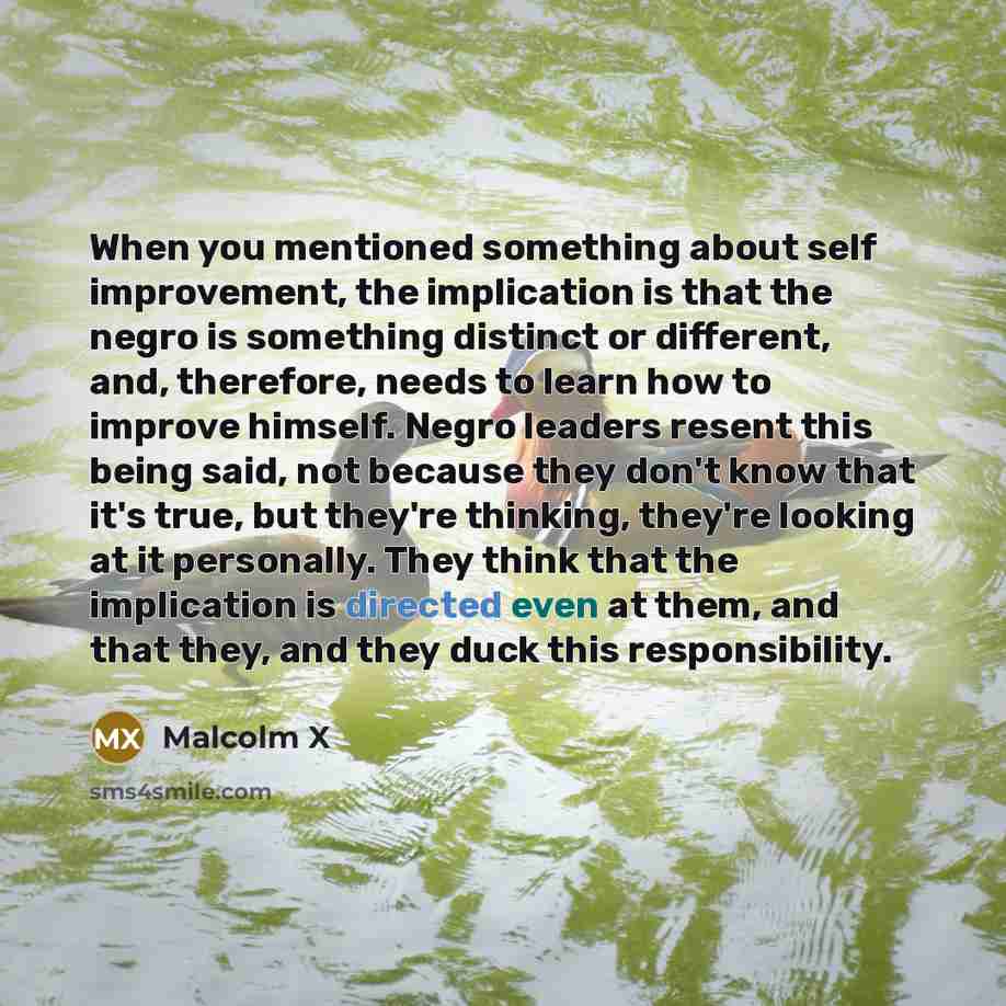 “When you mentioned something about self improvement, the implication is that the negro is something distinct or different, and, therefore, needs to learn how to improve himself. Negro leaders resent this being said, not because they don't know that it's true, but they're thinking, they're looking…” quote by Malcolm X