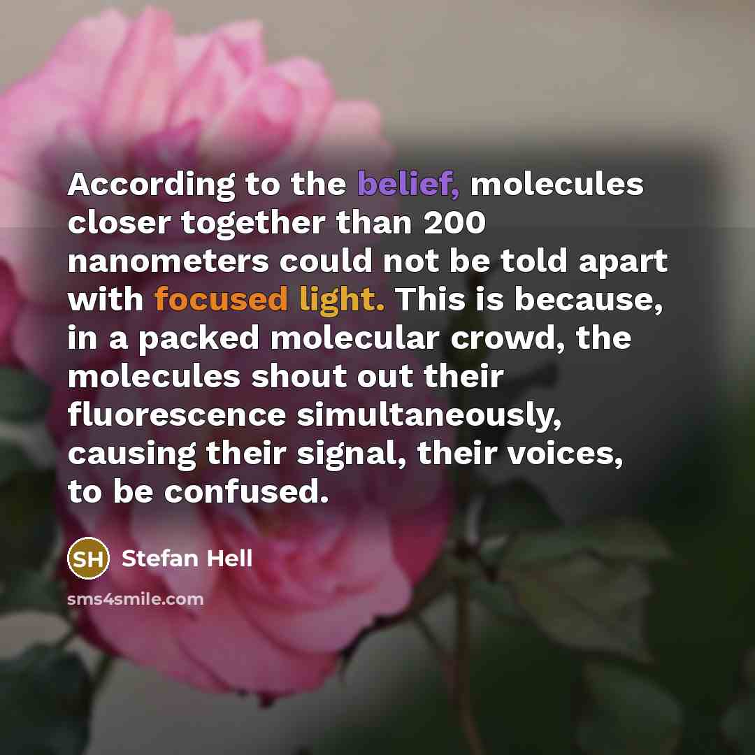“According to the belief, molecules closer together than 200 nanometers could not be told apart with focused light. This is because, in a packed molecular crowd, the molecules shout out their fluorescence simultaneously, causing their signal, their voices, to be confused.” quote by Stefan Hell
