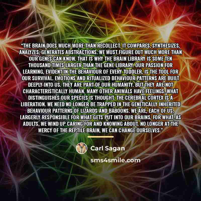 “The brain does much more than recollect. It compares, synthesizes, analyzes, generates abstractions. We must figure out much more than our genes can know. That is why the brain library is some ten thousand times larger than the gene library. Our passion for learning, evident in the behaviour of…” quote by Carl Sagan
