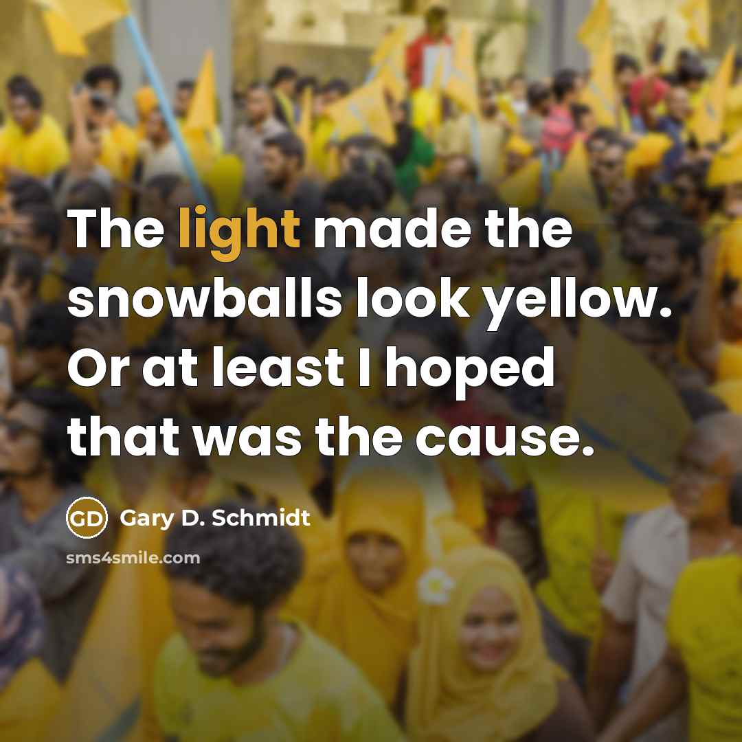 “The light made the snowballs look yellow. Or at least I hoped that was the cause.” quote by Gary D. Schmidt