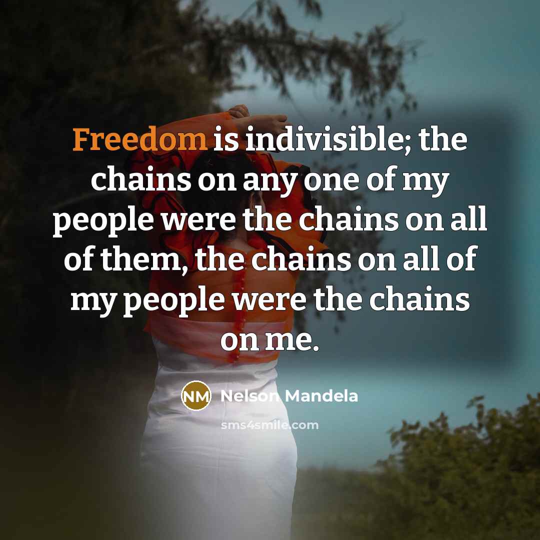 “Freedom is indivisible; the chains on any one of my people were the chains on all of them, the chains on all of my people were the chains on me.” quote by Nelson Mandela