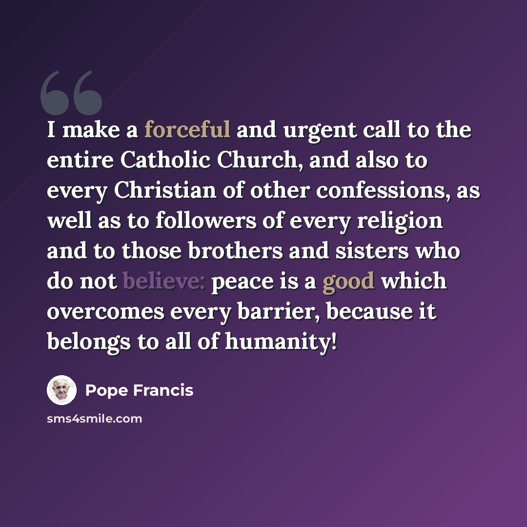 “I make a forceful and urgent call to the entire Catholic Church, and also to every Christian of other confessions, as well as to followers of every religion and to those brothers and sisters who do not believe: peace is a good which overcomes every barrier, because it belongs to all of humanity!” quote by Pope Francis