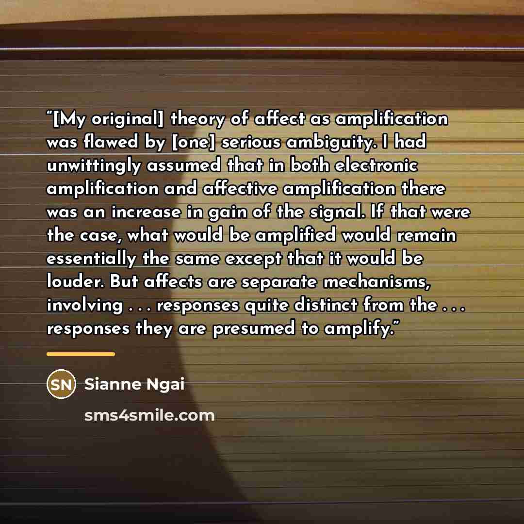 “[My original] theory of affect as amplification was flawed by [one] serious ambiguity. I had unwittingly assumed that in both electronic amplification and affective amplification there was an increase in gain of the signal. If that were the case, what would be amplified would remain essentially…” quote by Sianne Ngai