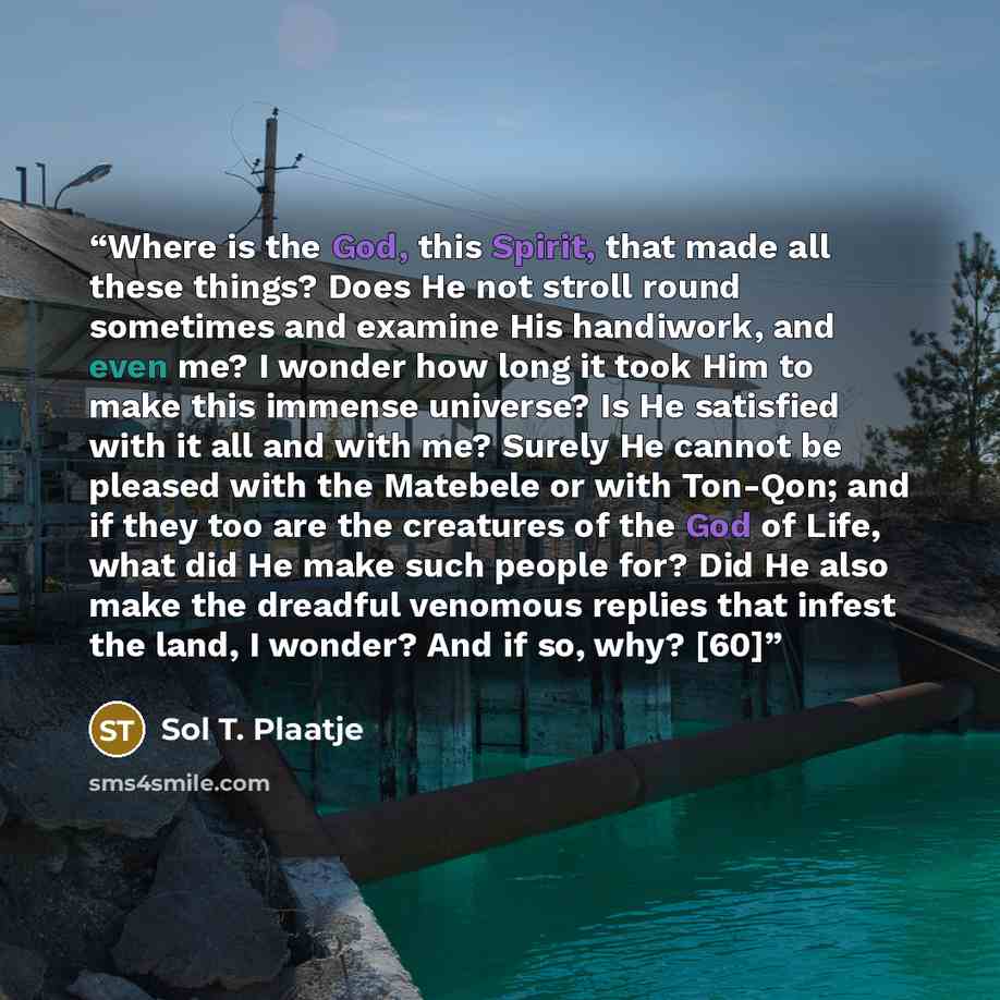 “Where is the God, this Spirit, that made all these things? Does He not stroll round sometimes and examine His handiwork, and even me? I wonder how long it took Him to make this immense universe? Is He satisfied with it all and with me? Surely He cannot be pleased with the Matebele or with Ton-Qon…” quote by Sol T. Plaatje