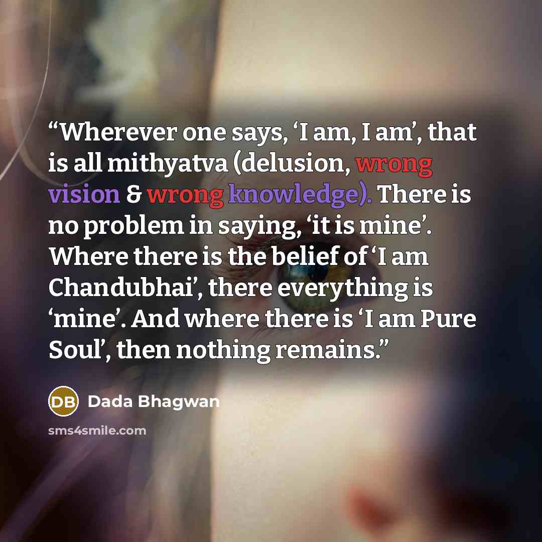 “Wherever one says, ‘I am, I am’, that is all mithyatva (delusion, wrong vision & wrong knowledge). There is no problem in saying, ‘it is mine’. Where there is the belief of ‘I am Chandubhai’, there everything is ‘mine’. And where there is ‘I am Pure Soul’, then nothing remains.” quote by Dada Bhagwan