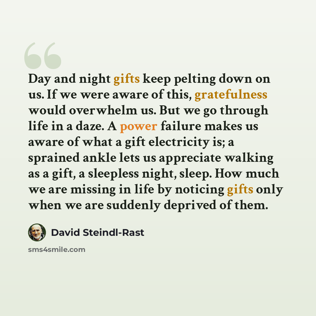 “Day and night gifts keep pelting down on us. If we were aware of this, gratefulness would overwhelm us. But we go through life in a daze. A power failure makes us aware of what a gift electricity is; a sprained ankle lets us appreciate walking as a gift, a sleepless night, sleep. How much we are…” quote by David Steindl-Rast