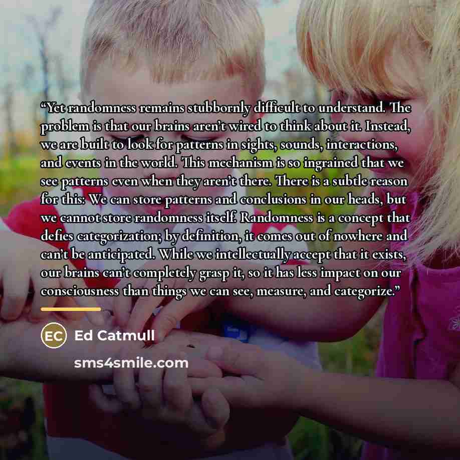 “Yet randomness remains stubbornly difficult to understand. The problem is that our brains aren’t wired to think about it. Instead, we are built to look for patterns in sights, sounds, interactions, and events in the world. This mechanism is so ingrained that we see patterns even when they aren’t…” quote by Ed Catmull
