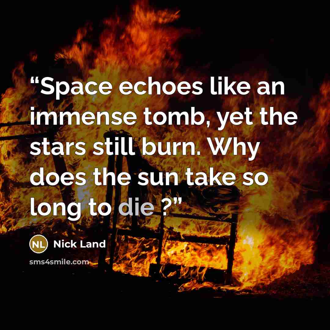 “Space echoes like an immense tomb, yet the stars still burn. Why does the sun take so long to die ?” quote by Nick Land