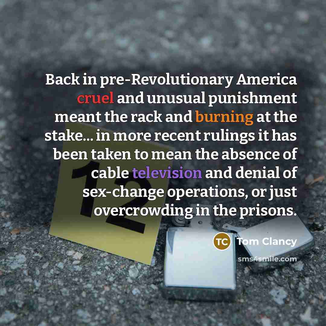 “Back in pre-Revolutionary America cruel and unusual punishment meant the rack and burning at the stake... in more recent rulings it has been taken to mean the absence of cable television and denial of sex-change operations, or just overcrowding in the prisons.” quote by Tom Clancy
