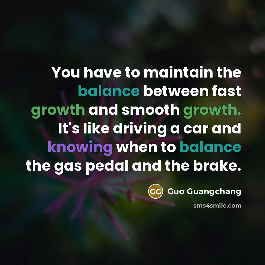 “You have to maintain the balance between fast growth and smooth growth. It's like driving a car and knowing when to balance the gas pedal and the brake.” quote by Guo Guangchang