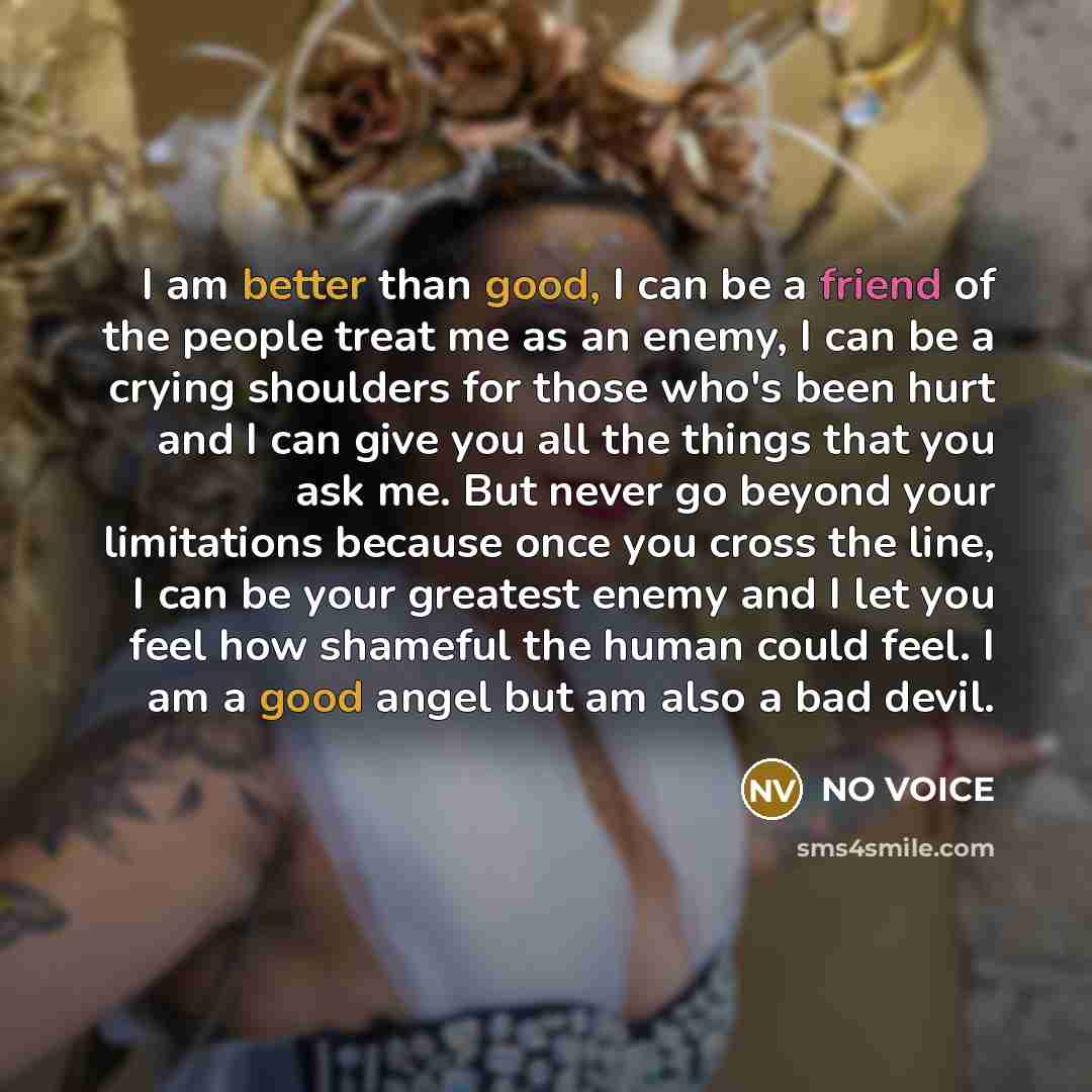 “I am better than good, I can be a friend of the people treat me as an enemy, I can be a crying shoulders for those who's been hurt and I can give you all the things that you ask me. But never go beyond your limitations because once you cross the line, I can be your greatest enemy and I let you…” quote by NO VOICE