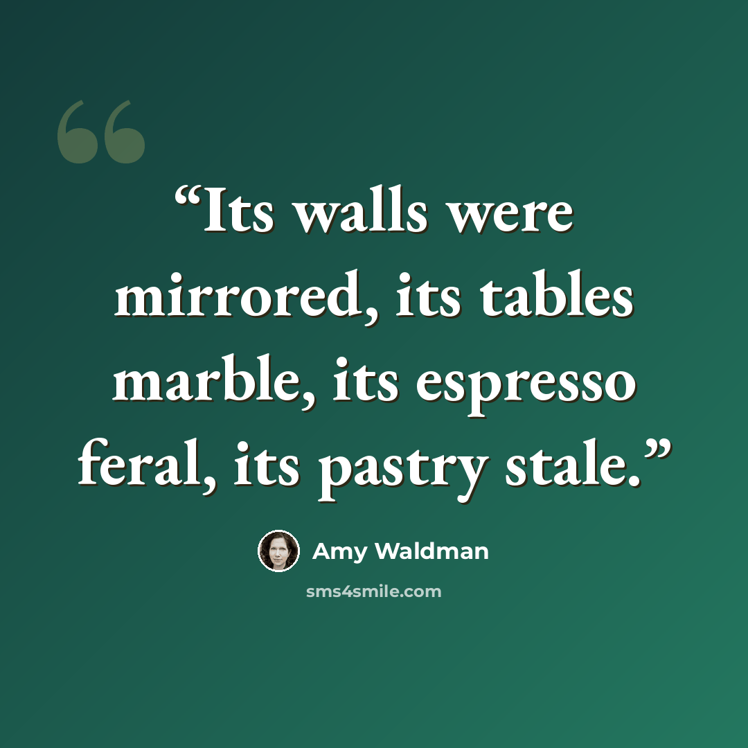 “Its walls were mirrored, its tables marble, its espresso feral, its pastry stale.” quote by Amy Waldman