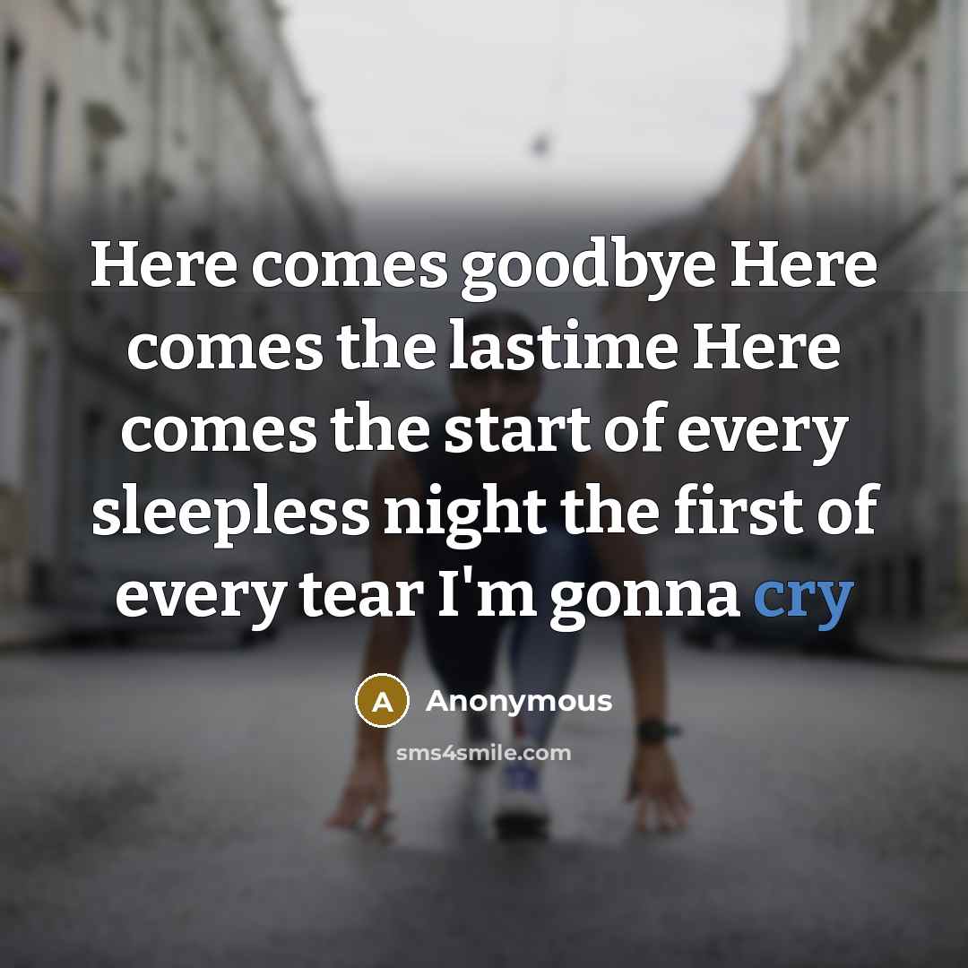 “Here comes goodbye Here comes the lastime Here comes the start of every sleepless night the first of every tear I'm gonna cry” quote by Anonymous