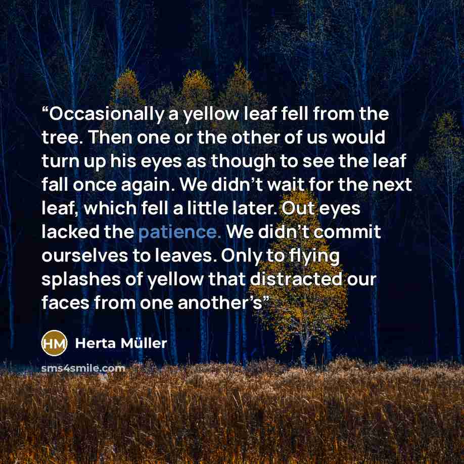 “Occasionally a yellow leaf fell from the tree. Then one or the other of us would turn up his eyes as though to see the leaf fall once again. We didn’t wait for the next leaf, which fell a little later. Out eyes lacked the patience. We didn’t commit ourselves to leaves. Only to flying splashes of…” quote by Herta Müller