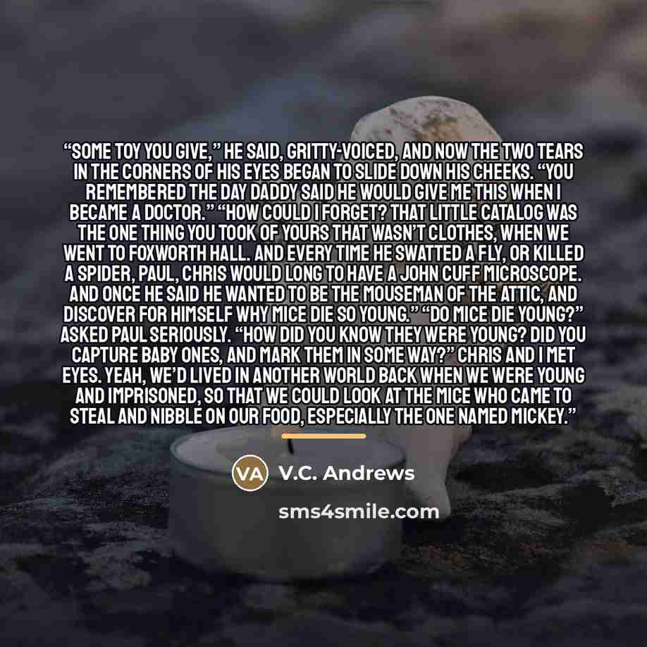 “Some toy you give,” he said, gritty-voiced, and now the two tears in the corners of his eyes began to slide down his cheeks. “You remembered the day Daddy said he would give me this when I became a doctor.” “How could I forget? That little catalog was the one thing you took of yours that wasn’t…” quote by V.C. Andrews