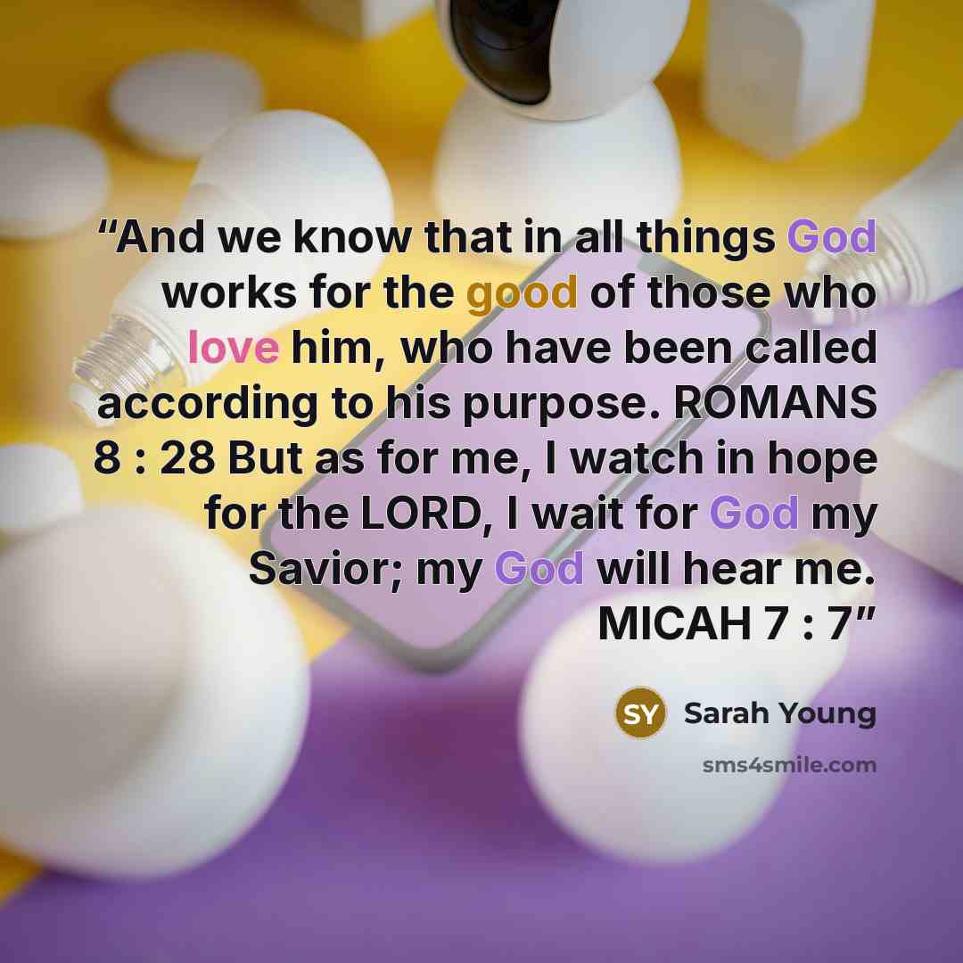 “And we know that in all things God works for the good of those who love him, who have been called according to his purpose. ROMANS 8 : 28 But as for me, I watch in hope for the LORD, I wait for God my Savior; my God will hear me. MICAH 7 : 7” quote by Sarah Young