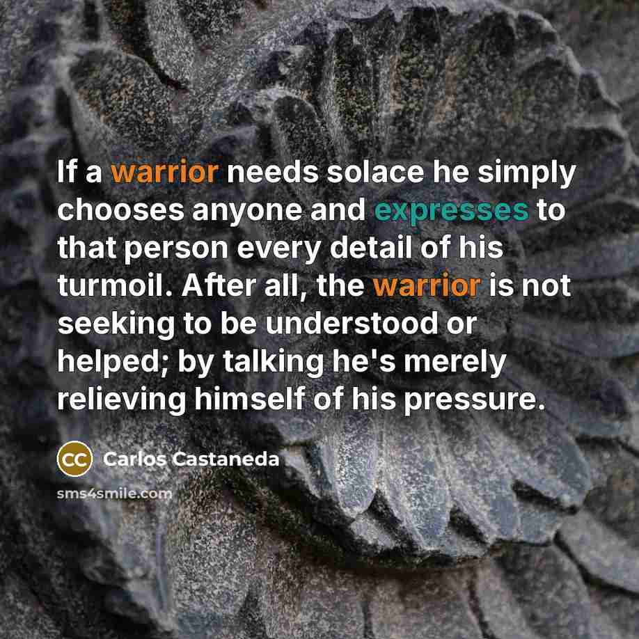 “If a warrior needs solace he simply chooses anyone and expresses to that person every detail of his turmoil. After all, the warrior is not seeking to be understood or helped; by talking he's merely relieving himself of his pressure.” quote by Carlos Castaneda