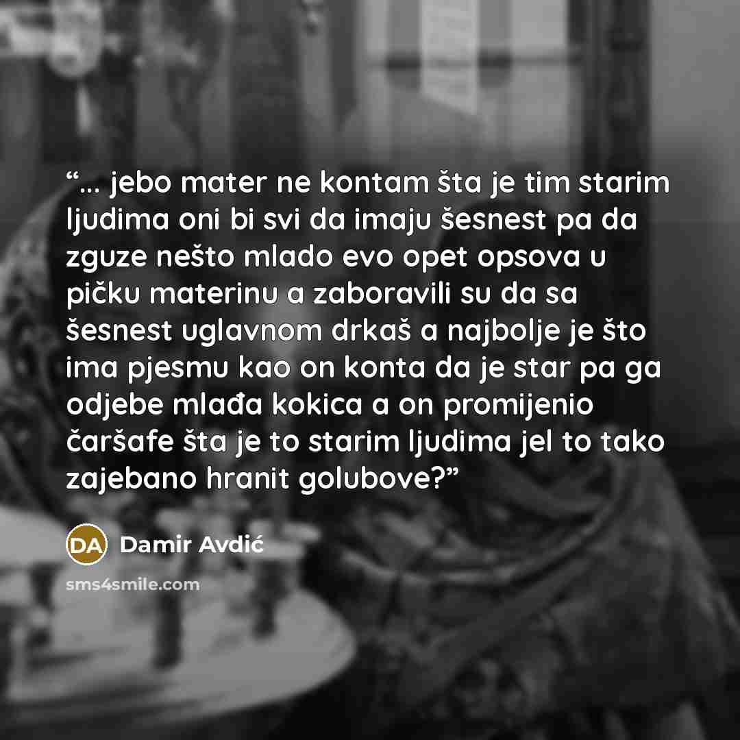 “... jebo mater ne kontam šta je tim starim ljudima oni bi svi da imaju šesnest pa da zguze nešto mlado evo opet opsova u pičku materinu a zaboravili su da sa šesnest uglavnom drkaš a najbolje je što ima pjesmu kao on konta da je star pa ga odjebe mlađa kokica a on promijenio čaršafe šta je to…” quote by Damir Avdić