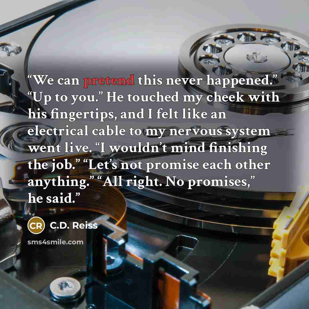 “We can pretend this never happened.” “Up to you.” He touched my cheek with his fingertips, and I felt like an electrical cable to my nervous system went live. “I wouldn’t mind finishing the job.” “Let’s not promise each other anything.” “All right. No promises,” he said.” quote by C.D. Reiss