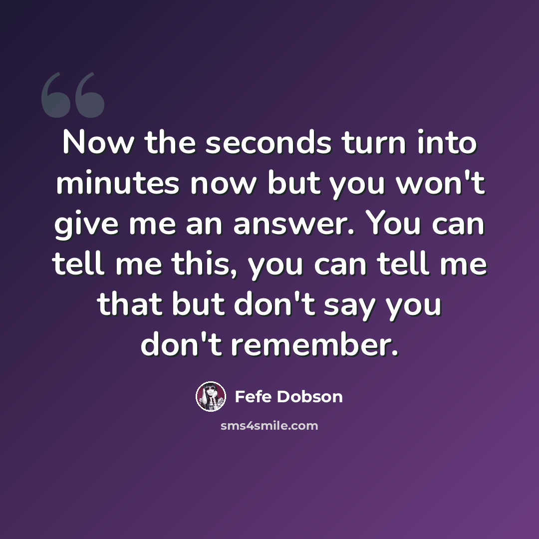 “Now the seconds turn into minutes now but you won't give me an answer. You can tell me this, you can tell me that but don't say you don't remember.” quote by Fefe Dobson
