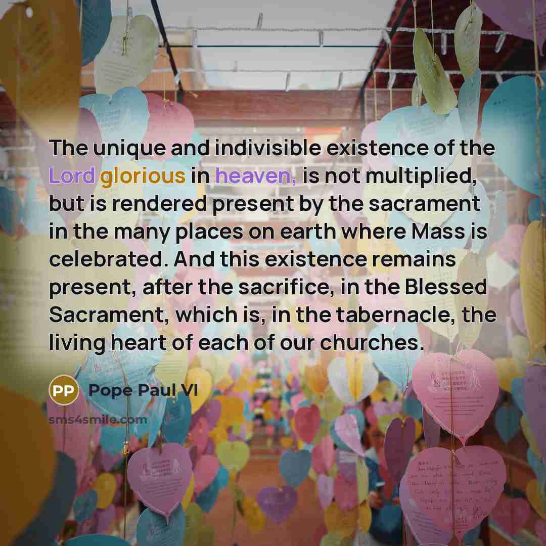 “The unique and indivisible existence of the Lord glorious in heaven, is not multiplied, but is rendered present by the sacrament in the many places on earth where Mass is celebrated. And this existence remains present, after the sacrifice, in the Blessed Sacrament, which is, in the tabernacle, the…” quote by Pope Paul VI