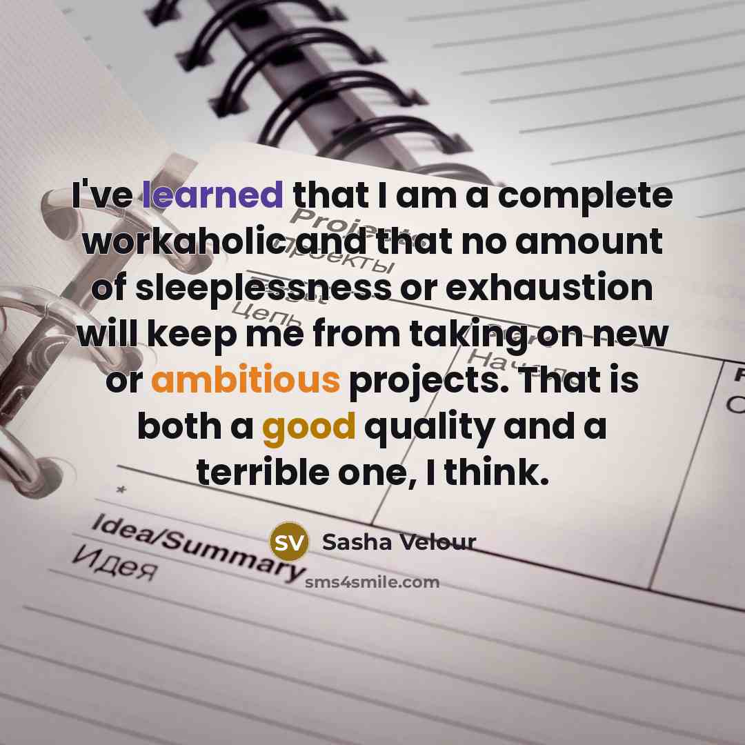 “I've learned that I am a complete workaholic and that no amount of sleeplessness or exhaustion will keep me from taking on new or ambitious projects. That is both a good quality and a terrible one, I think.” quote by Sasha Velour