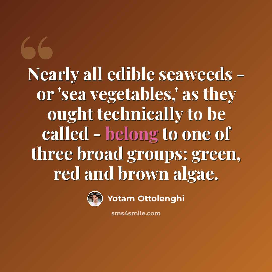 “Nearly all edible seaweeds - or 'sea vegetables,' as they ought technically to be called - belong to one of three broad groups: green, red and brown algae.” quote by Yotam Ottolenghi